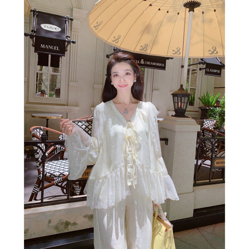 Missluxury【Grapefruit Blossom】Heavyweight Silk Blouse for Women, Summer Plus Size, Sun Protection, Bell Sleeves, Lace Blouse
