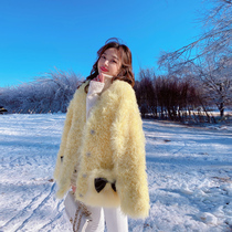 Miss Luxury  A miu girl”British imported sheep roll fur fur one-piece fur coat female yellow
