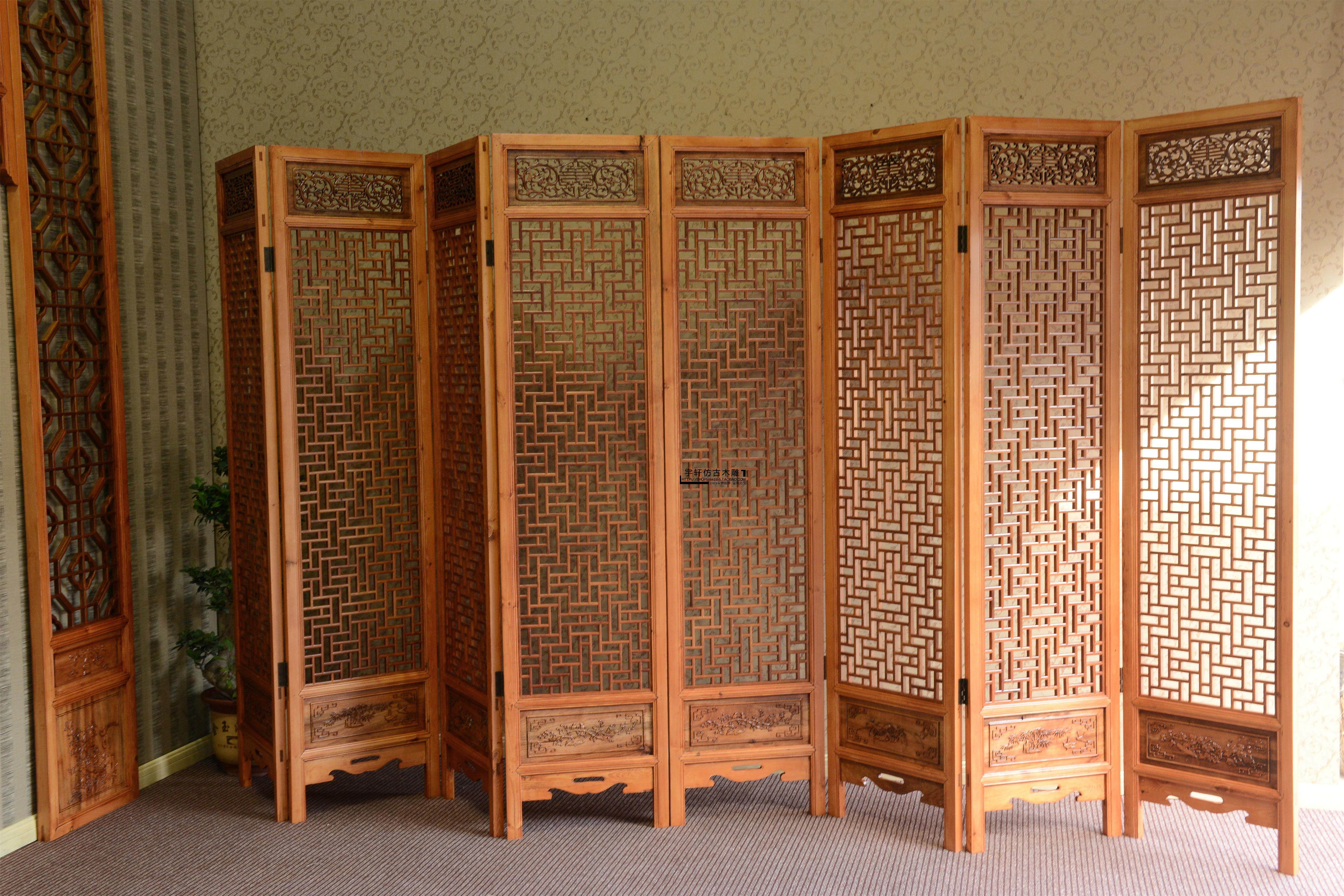 Antique wood carving Chinese solid wood camphor wood carving hotel living room decoration flower grid screen folding screen partition partition porch