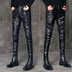 Spring and Autumn New Men's Leather Pants Korean Style Slim Fit Small Leg Pants Trendy Zipper Half Leather Motorcycle Tight Splicing Leather Pants for Men