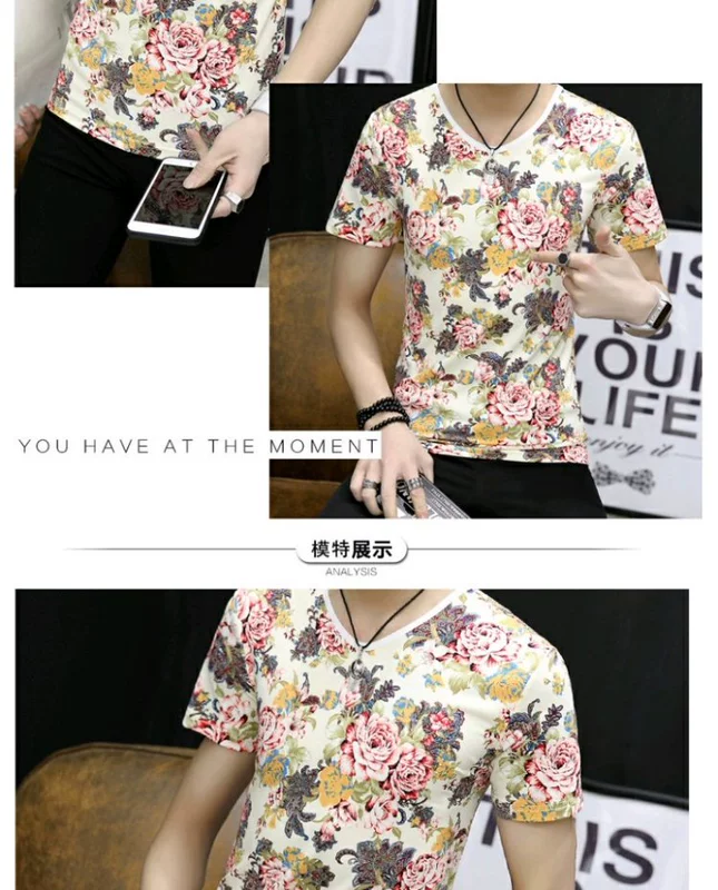 Mùa hè mới băng nhung nam cổ chữ V tay ngắn hoa T-shirt tạo mẫu tóc hoa hồng áo phông nam hàng hiệu