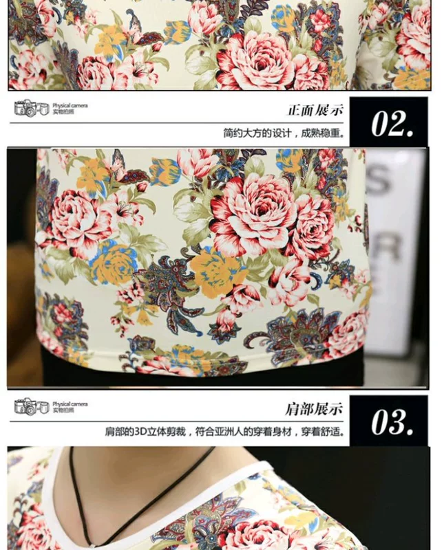 Mùa hè mới băng nhung nam cổ chữ V tay ngắn hoa T-shirt tạo mẫu tóc hoa hồng áo phông nam hàng hiệu