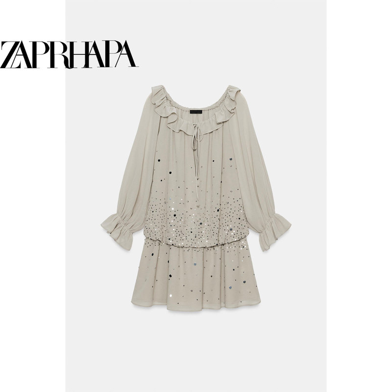 Early Autumn Light Gray Sequined Ruffled Collar Tie-Up Flared Long-Sleeve Layered Loose-Fitting Atmospheric Dress 7521309