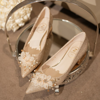Mr. Wei Champagne-Colored Floral Wedding Shoes for Brides, Women's 2025 New Pointed-Toe Chunky Heel Comfortable Bridesmaid Shoes