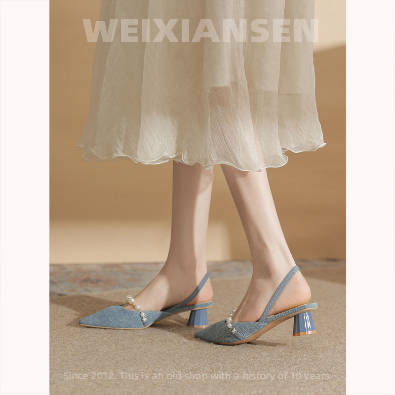 Mr. Wei's French-Style Closed-Toe Sandals for Women, Elegant and Unique Mary Jane Shoes with Chunky Heels, Pointed Toe, Denim Blue High Heels for Women Mr. Wei's French-Style Closed-Toe Sandals for Women, Elegant and Unique Mary Jane Shoes with Chunky Heels, Pointed Toe, Denim Blue High Heels for Women