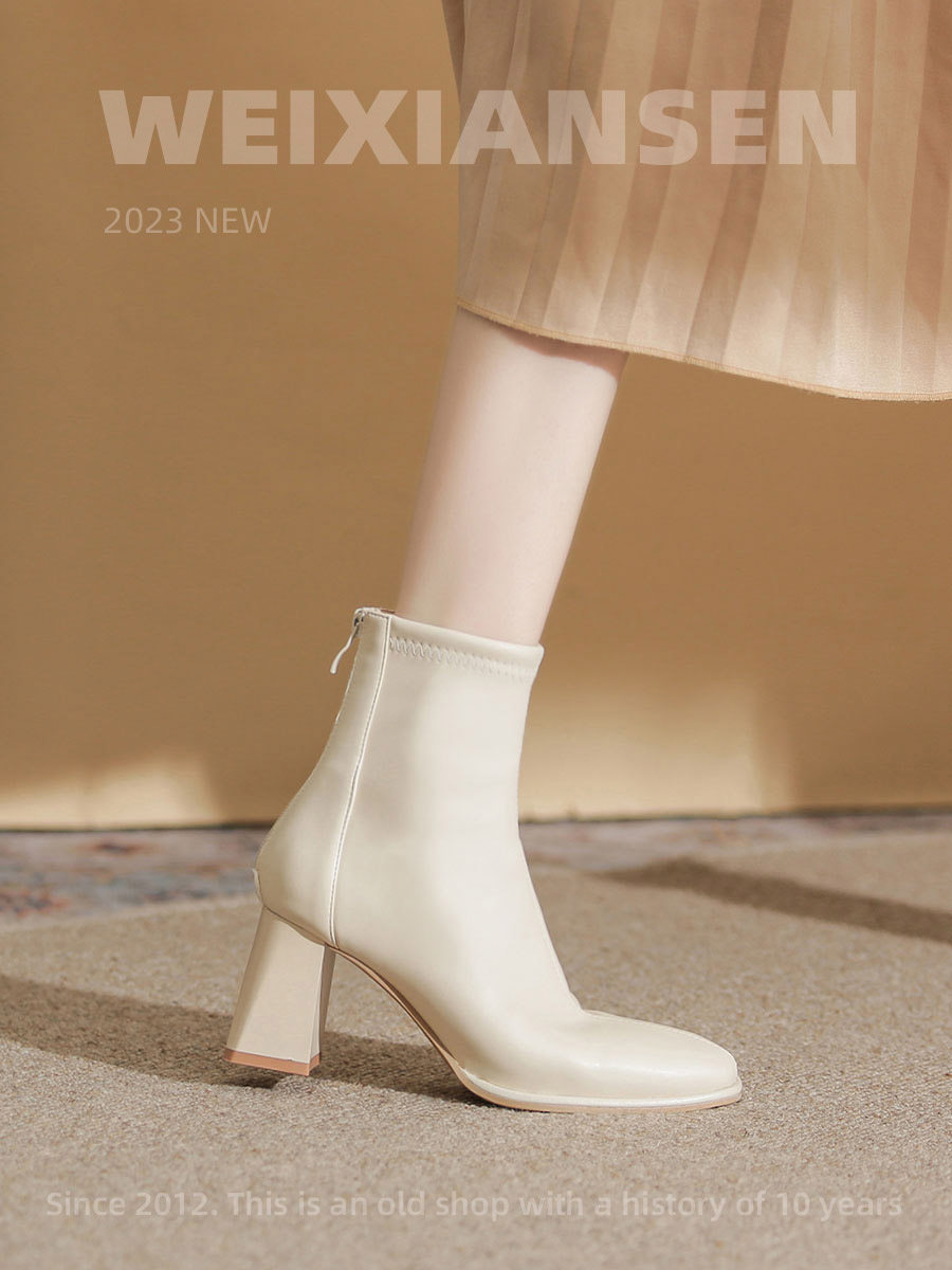 Mr. Wei Slim Boots for Women Black Martin Boots Autumn and Winter Short Boots for Women with Fleece Lining White Chunky Heel High Heel Short Boots for Women