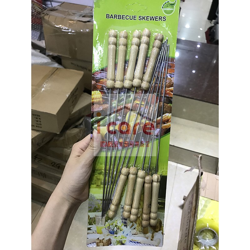 ICARE stainless steel baking needle 10 pieces of barbecue needle wooden handle anti-scalding outdoor barbecue accessories