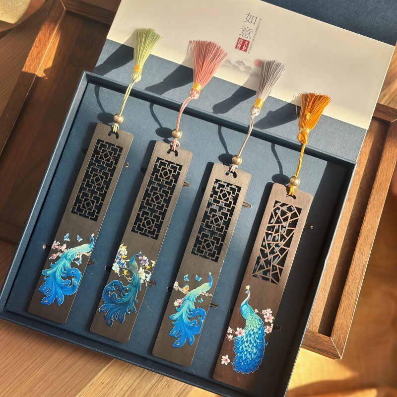 Oriental Elegant Colorful Peacock National Style Bookmark Hollow Carved Black Sandalwood Wooden Tassel Student Business Gift
