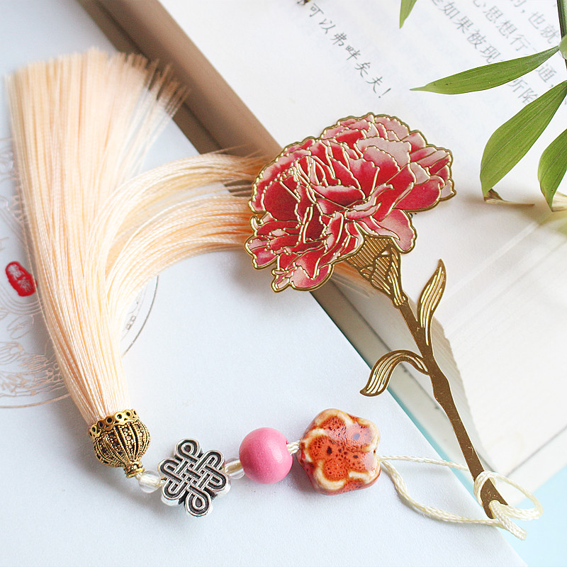 Colorful Carnation Metal Bookmark Tassel Antique Warmth Series Teacher's Day Mother's Day Gift Literary Bookmark