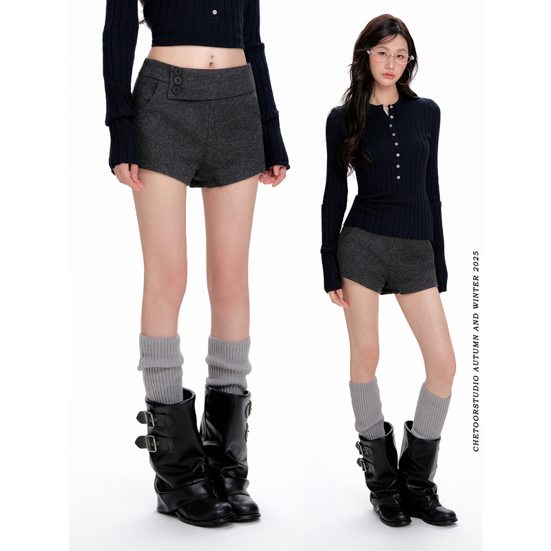 Gray Woolen Shorts for Women, High-Waisted, Slimming, Buttoned Hot Pants, Autumn and Winter, Thickened Casual Pants for Hot Girls