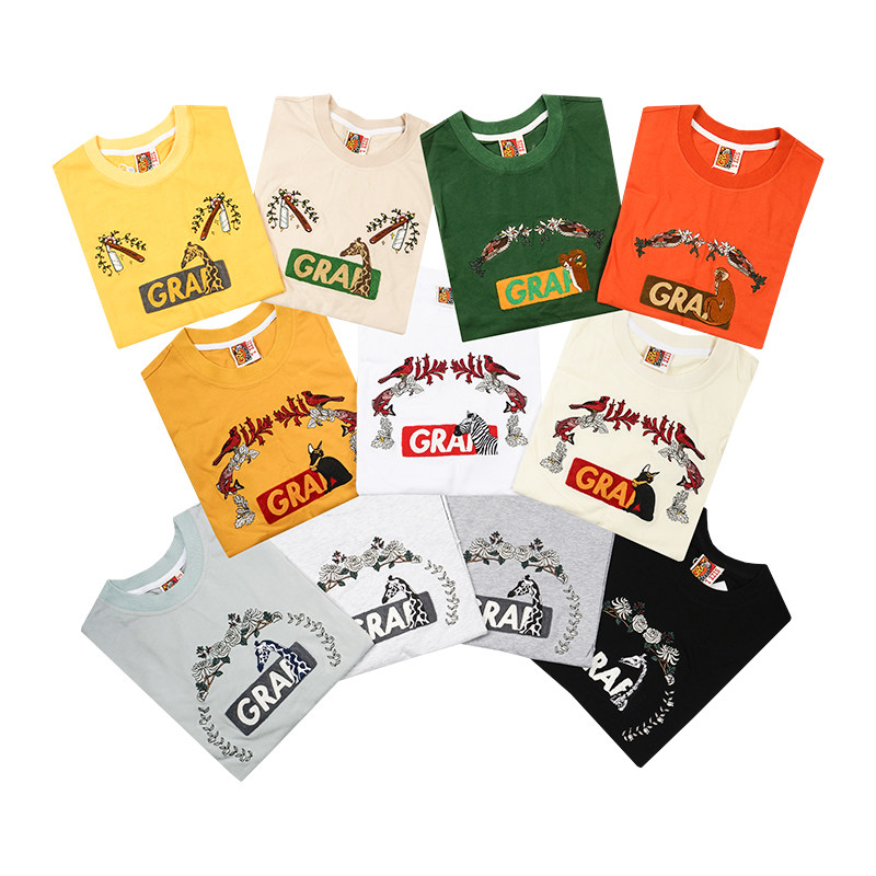 GRAF original brand spring/summer flower embroidery giraffe Bogo heavy cotton loose American short sleeve t-shirt