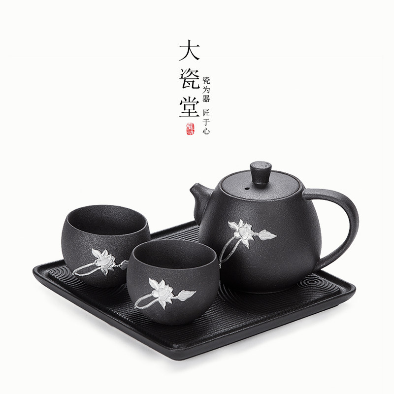 Da porcelain hall handmade tin inlaid Japanese coarse pottery teapot household complete set of kungfu tea set 1 pot 2 cups dry tea brewing table