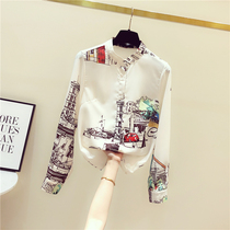 Tide brand womens shirt 2021 Spring and Autumn New Korean version of Hong Kong flavor printing design sense niche foreign style long sleeve shirt Women