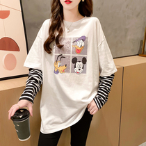 Tide brand fake Two T-shirt women long sleeve Spring and Autumn New Korean version of loose base shirt long student coat womens clothing