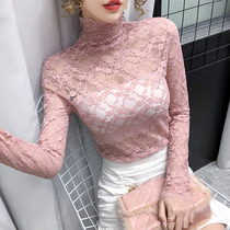 Tide brand womens lace top female sexy thin lace hollow out inside wear slim high neck long sleeve base shirt