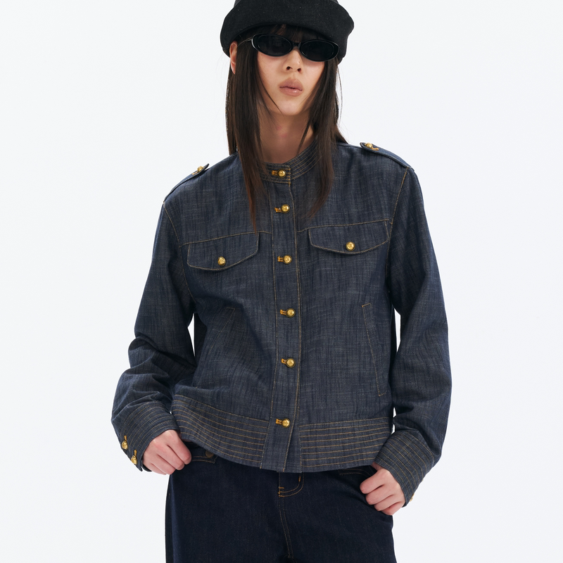 Wonesduty Stand-Up Collar, Straight-Shoulder Faux Denim Jacket, Retro Palace-Style Flared Casual Short Jacket Wonesduty Stand-Up Collar, Straight-Shoulder Faux Denim Jacket, Retro Palace-Style Flared Casual Short Jacket