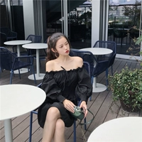 Mùa thu Hàn Quốc phiên bản của sang trọng mỏng giảm béo từ cổ áo quây một từ váy retro eo trước và sau khi hai trang phục nữ thời trang nữ cao cấp