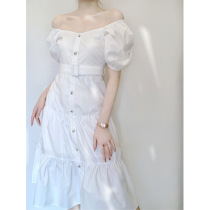 sandro tonali white shoulder dress Super fairy design sense niche French Platycodon Medium-length dress summer