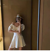 sandro tonali white shoulder dress female French temperament waist thin bubble sleeve pleated skirt