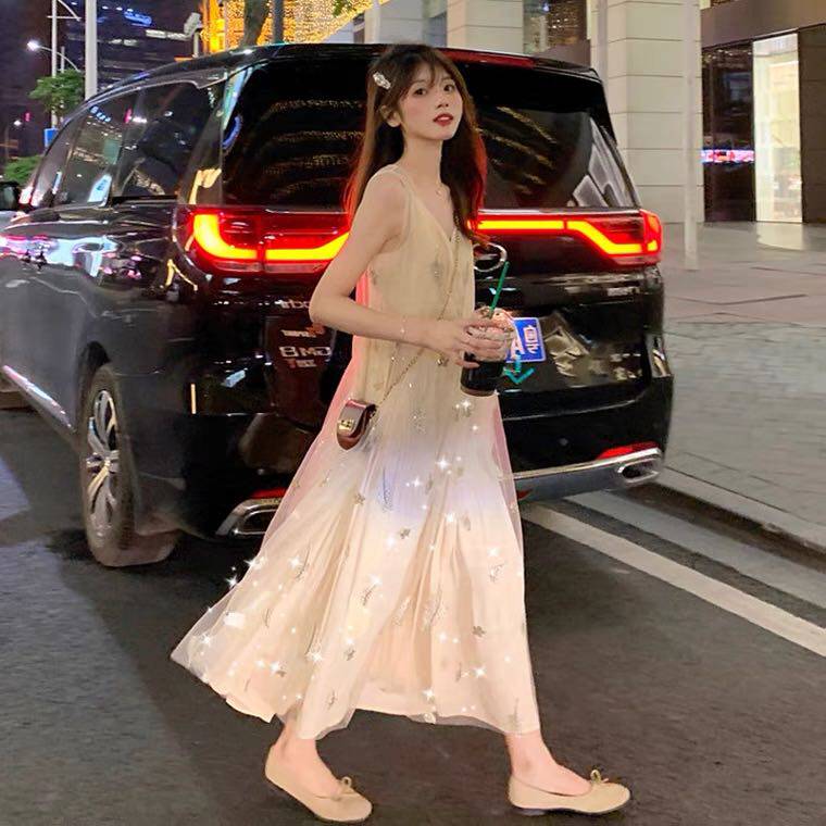 sandro tonali French floral suspenders chiffon dress new mesh sweet super fairy temperament long skirt