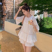 sandro tonali Xiangfeng suit summer little man temperament salt sweet hollow lace shirt shorts two-piece set