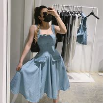 sandro tonali denim suspender dress female design sense niche French temperament waist slim skirt