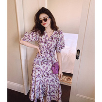 sandro tonali new French tea break bubble sleeves retro gentle purple floral chiffon V-neck dress