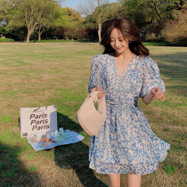 sandro tonali spring and summer French waist V-neck temperament skirt sweet fairy blue floral dress women