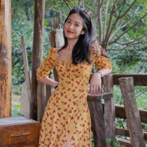 sandro tonali Yang Caiyu star with French split floral dress temperament thin Platycodon skirt