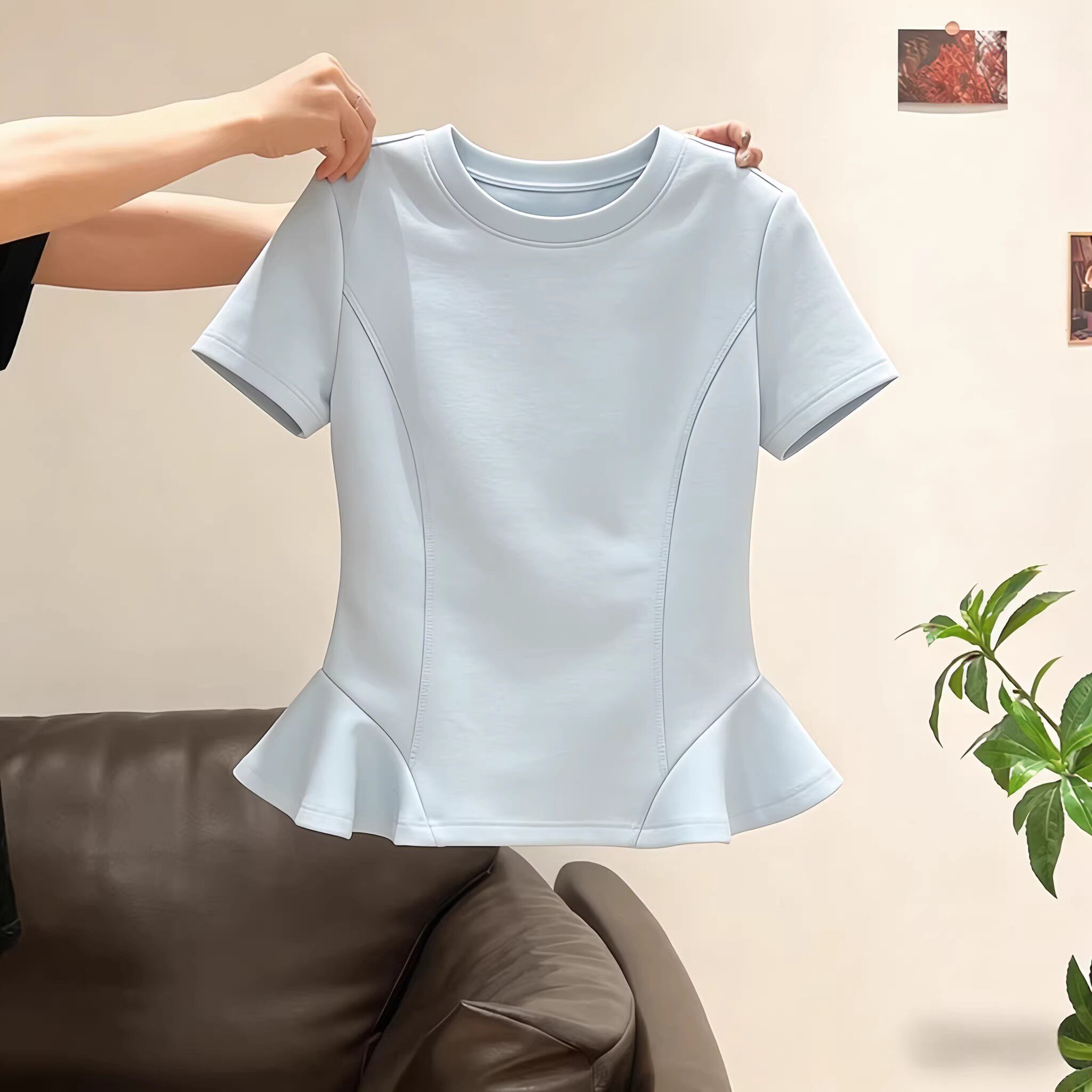 纯棉正肩短袖t恤女2026新款荷叶边夏季宽松设计感法式韩系上衣