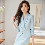 Синий короткий костюм, осенний пиджак классического кроя, элитный комплект, юбка, изысканный стиль