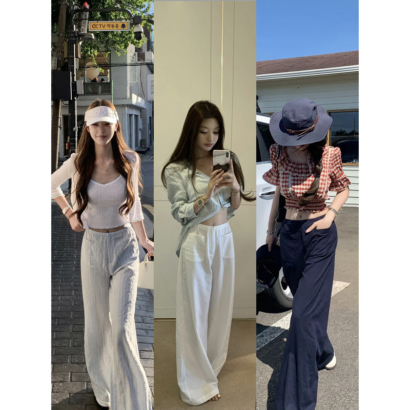 Wuuus【Easy to Wear in Summer】Elastic Waist Cotton Linen Pants for Women, Summer Old Money Style Straight Wide-Leg Casual Pants