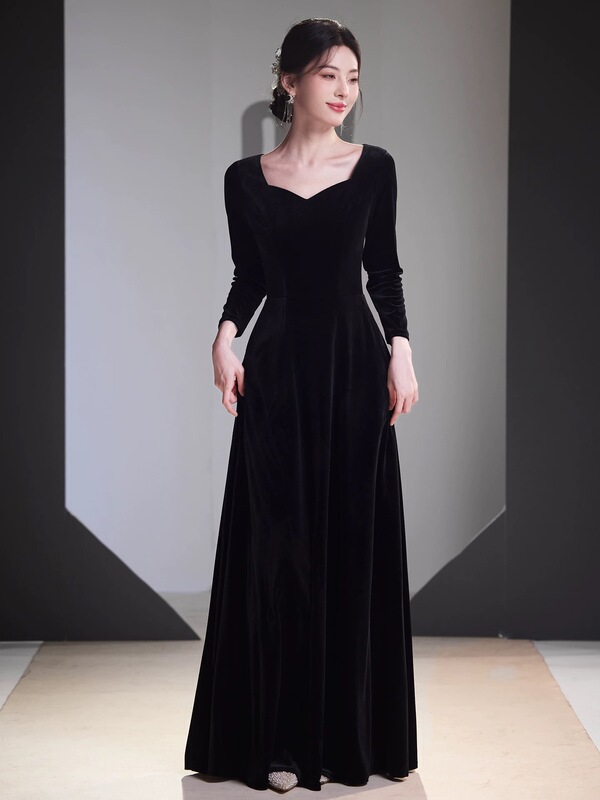 Choir Piano Performance Black Long-Sleeved Simple Conductor Uniform Annual Meeting Women's Performance Dress Evening Gown Long Dress Adult