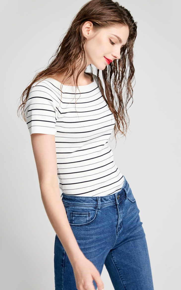 [3 miễn phí 1] Vero Moda sọc vuông cổ áo len ngắn tay co giãn | 317345501 áo len