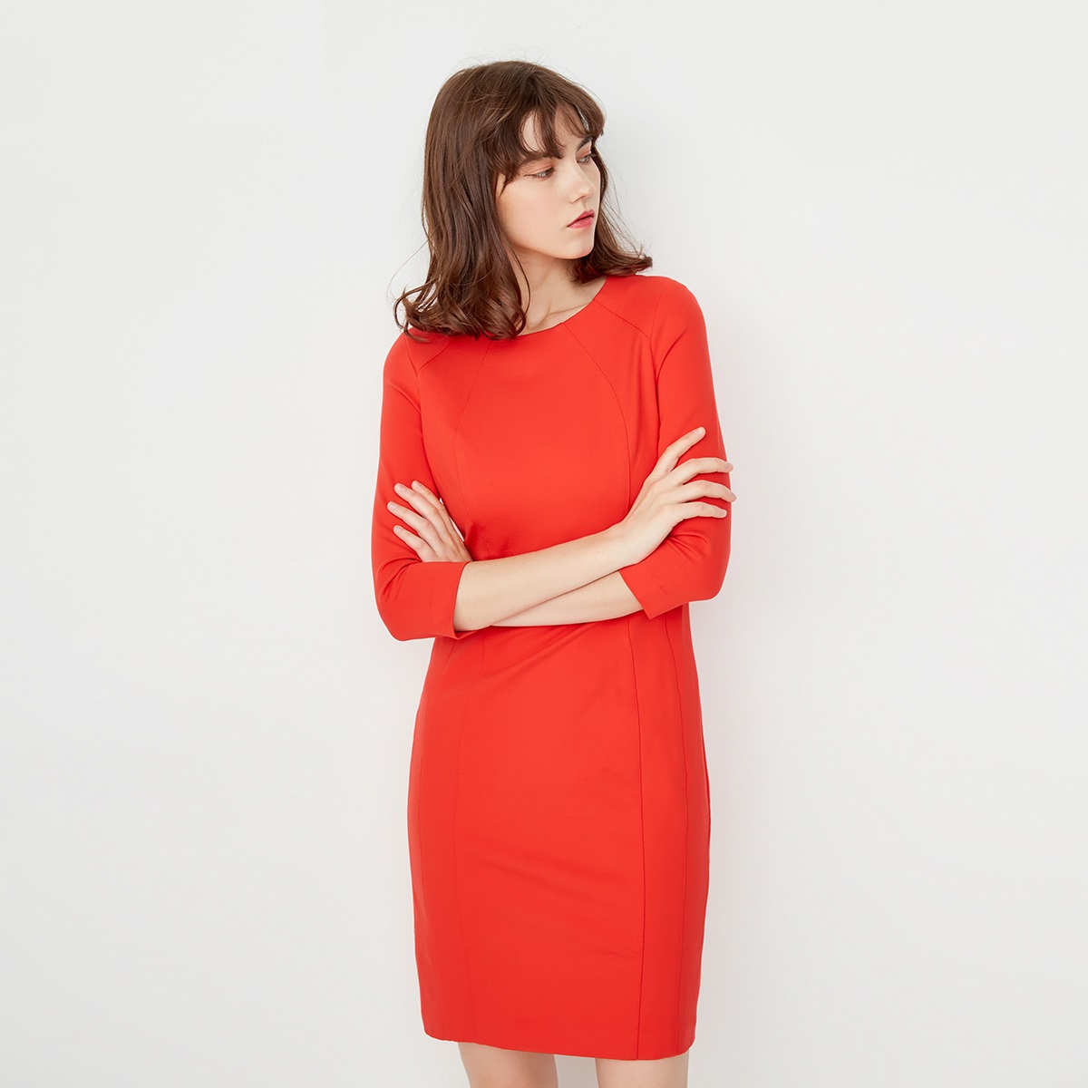 ONLY秋季新品立体剪裁拼接修身中长款连衣裙女|116107051