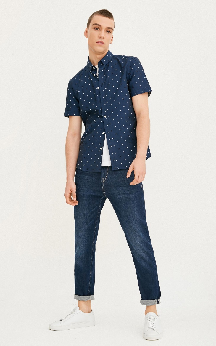[3 miễn phí 1] JackJones Jack Jones cotton cổ áo sơ mi nam tay ngắn S | 217204525 sơ mi ngắn tay