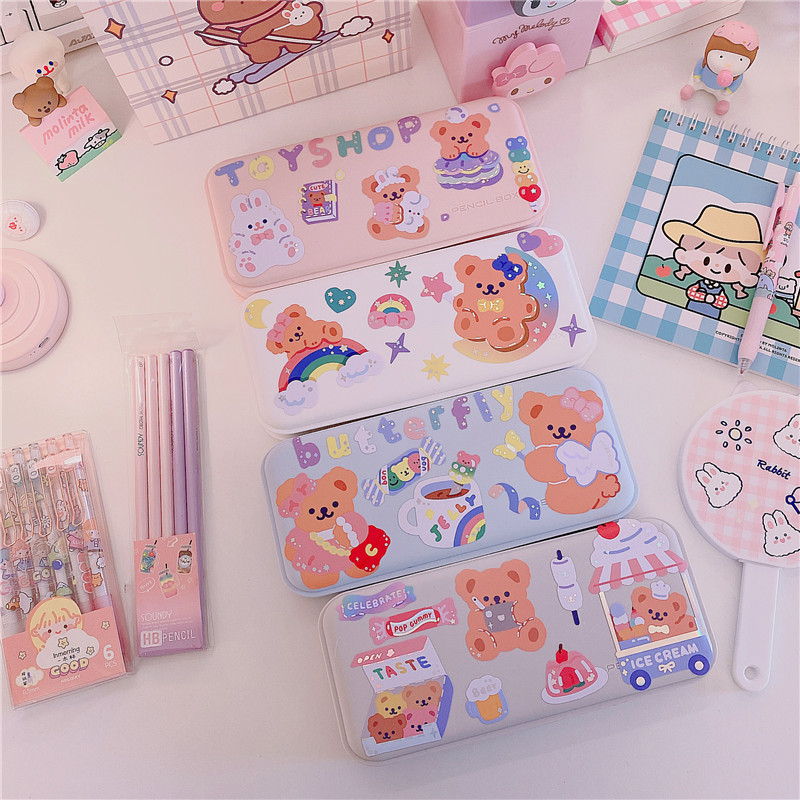 Korean Lins Milk Oil Color Series Small Bear Pencil Case Pencil Case Primary And Middle School Students Frosted Cute Pencil Finishing Containing Box