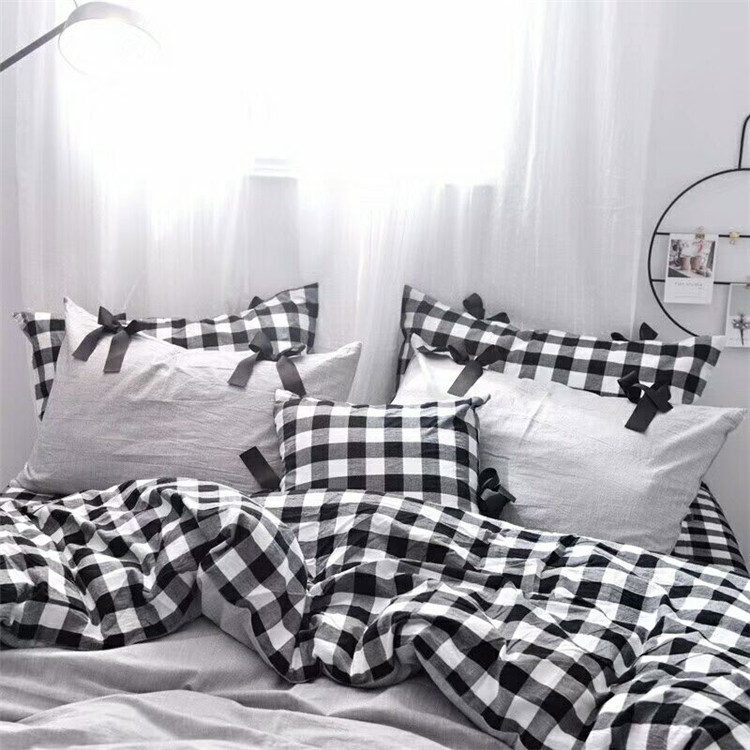 Mùa xuân bông sợi, nhuộm denim nơ phong cách dễ thương rắn màu kẻ sọc giường váy phần lanh Hàn Quốc bông rửa - Bộ đồ giường bốn mảnh chăn ga gối đệm màu hồng