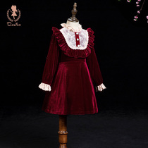 Girls dress autumn red childrens birthday girl dress high-end velvet autumn winter princess dress baby skirt
