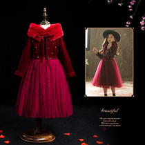 Childrens wear girls dress high-end new years dress red plus velvet thickened New year foreign winter skirt childrens princess dress