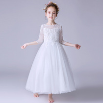 Girl princess dress long white puffy gauze small host piano performance costume children performance Primary school students