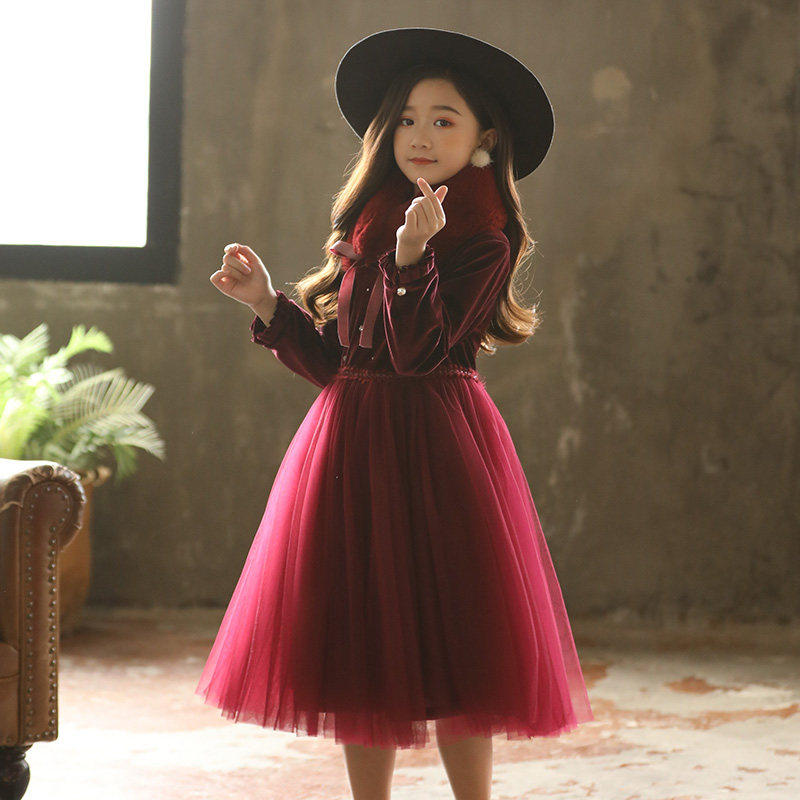 Girl's dress high-end red plus suede thickened superfairy dress New Year's dress Children's princess skirt Winter-Taobao
