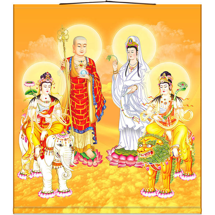 Four Bodhisattvas, King of Tibet, Guanshiyin, Samantabhadra, Manjushri Bodhisattva, Buddha painting scroll hanging painting, full-screen silk cloth painting