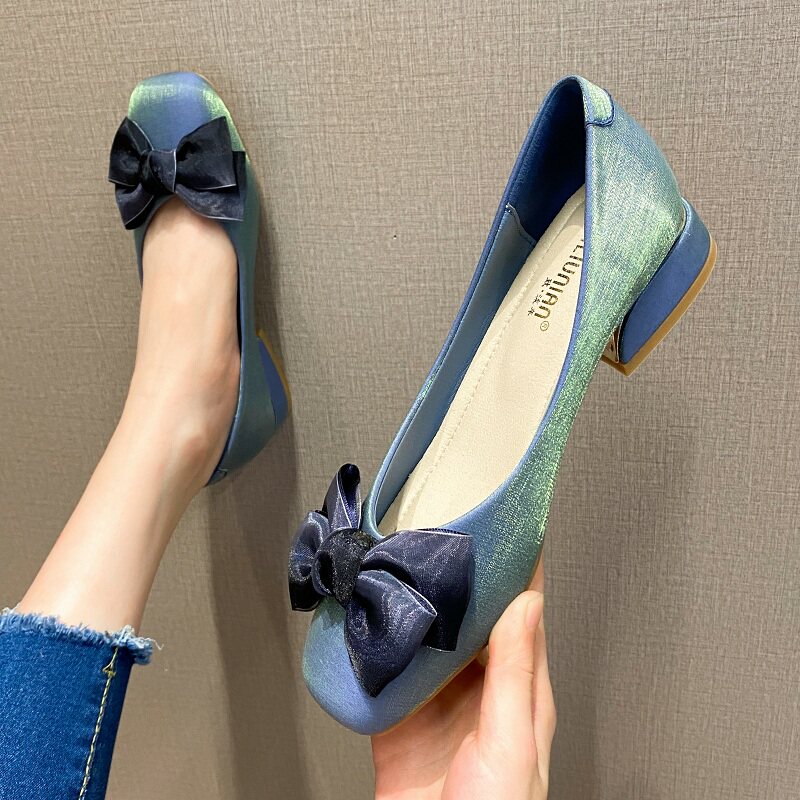 Bow-knot bag shoes women's mid-heel 2022 spring new gentle evening shoes thick-heeled ladies large size women's shoes 41-43