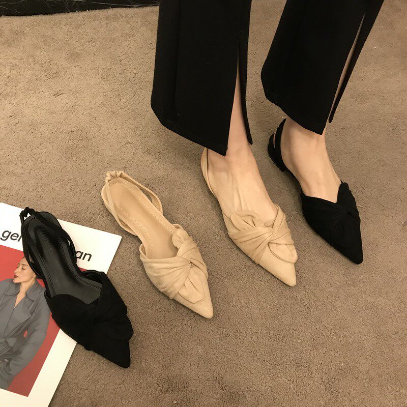 Pointed toe shallow mouth thick heel sandals women's 2022 summer new gentle temperament suede fairy Baotou back air heel bag shoes