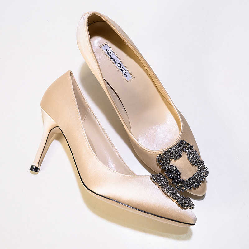 2024 New Korean Style Mb Por High Heels Stiletto Women's Square Buckle Pointed Toe Single Shoes Snowflake Buckle Rhinestone Wedding Shoes
