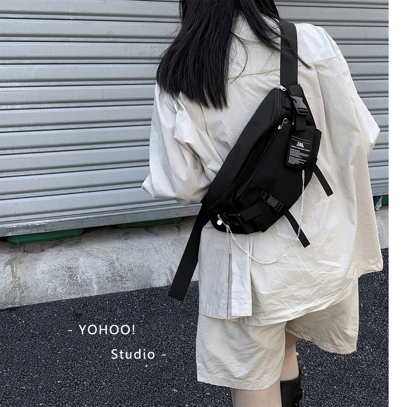 Yohoo!/Original Ins Trendy Cool Pure Black Versatile Chest Bag Crossbody Bag Japanese Style Nylon Canvas Small Bag for Men and Women