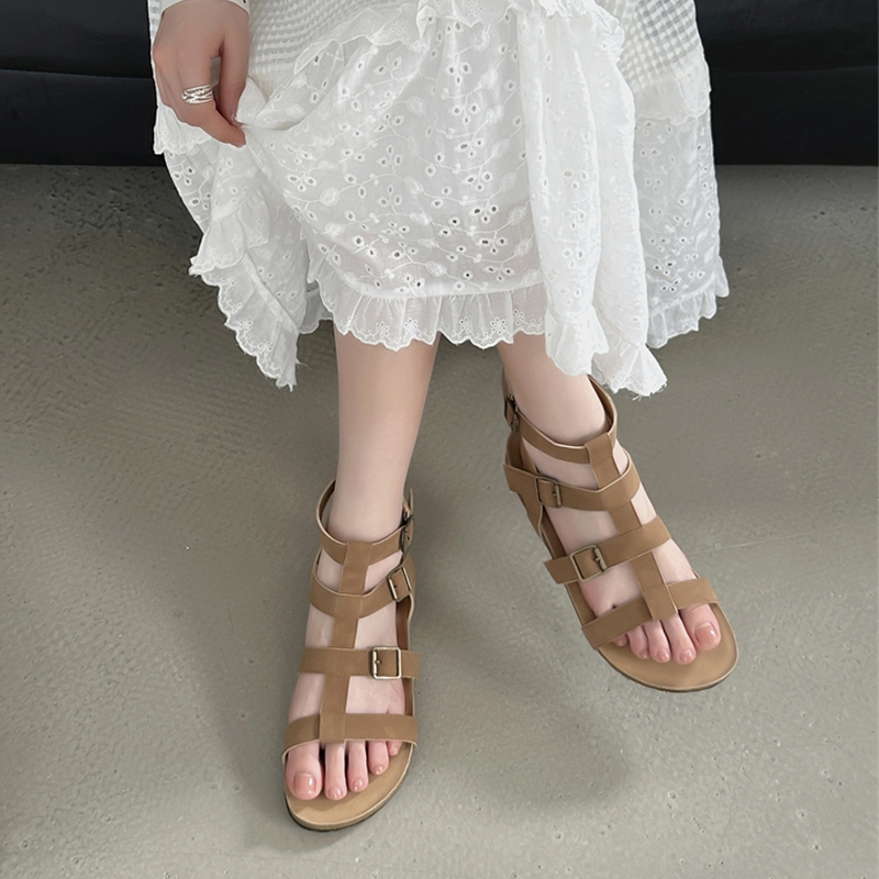 Isolate Women's Shoes! Summer Casual Retro Belt Buckle Cut Out Sandals Beach Vacation Flats Open Toe Roman Shoes