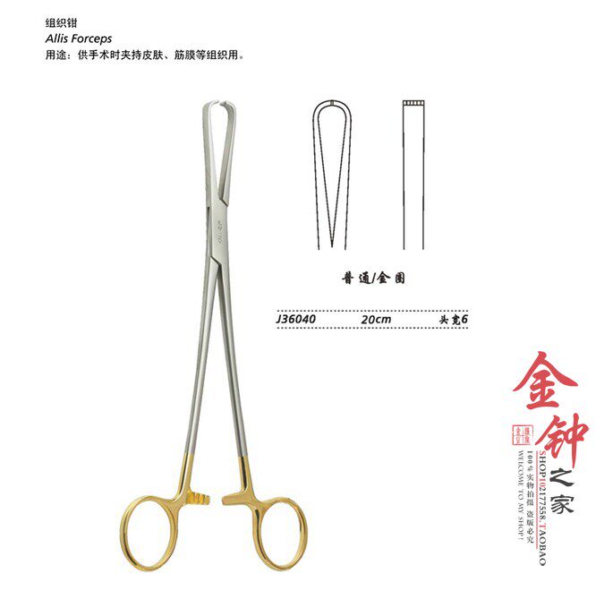 上海 金钟 J36040 组织钳 20cm 普通 头宽6(镀金)