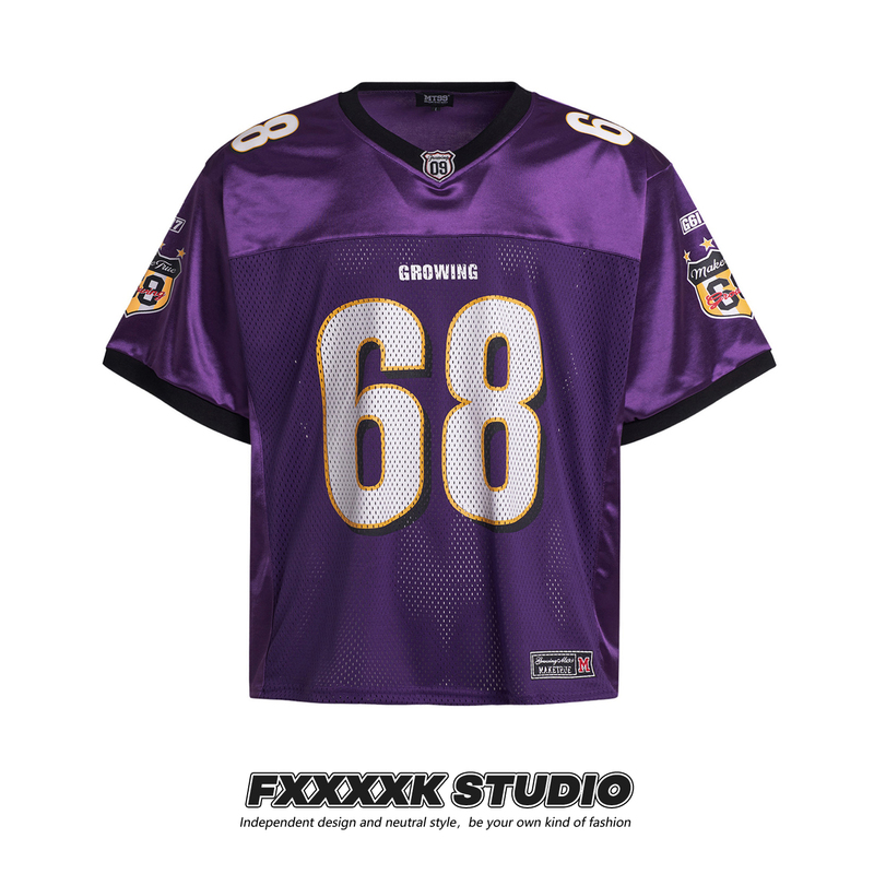Fxk Original Retro American Style Trendy Brand Rugby Jersey Spliced Mesh Breathable Quick-Drying Mesh V-Neck Short-Sleeved T-Shirt for Summer
